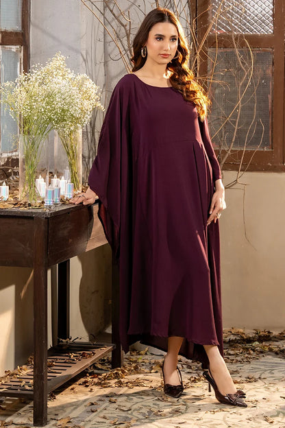 Plum kaftan midi dress with wide sleeves and flowing, relaxed silhouette