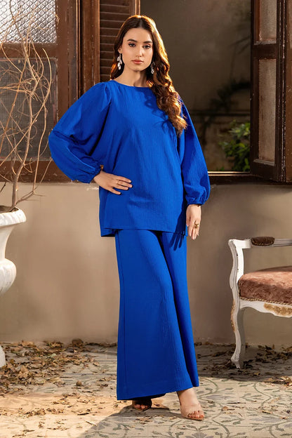 Women's blue tunic and maxi skirt set, long balloon sleeves