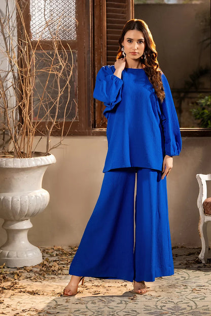 Women's blue tunic and maxi skirt set, round neckline, long skirt