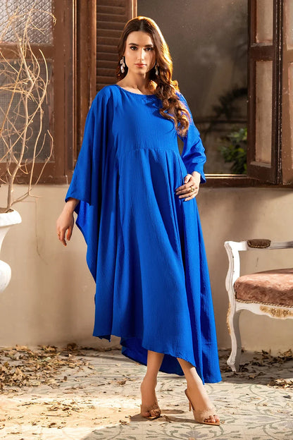Royal blue midi dress with round neckline and gathered skirt