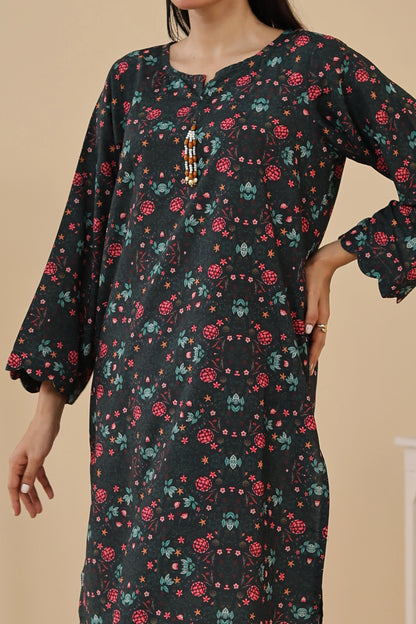 Dark floral long-sleeve kurta dress with keyhole neck and flared cuffs