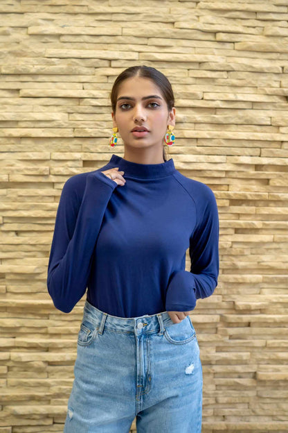 Dhaga blue turtleneck long-sleeve top with high neck and smooth fit
