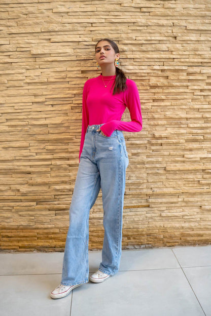 Fuchsia long-sleeve crew-neck top with a fitted, straight hem