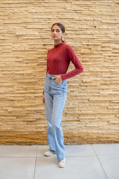 Dhaga maroon mock-neck long-sleeve top with partial collar