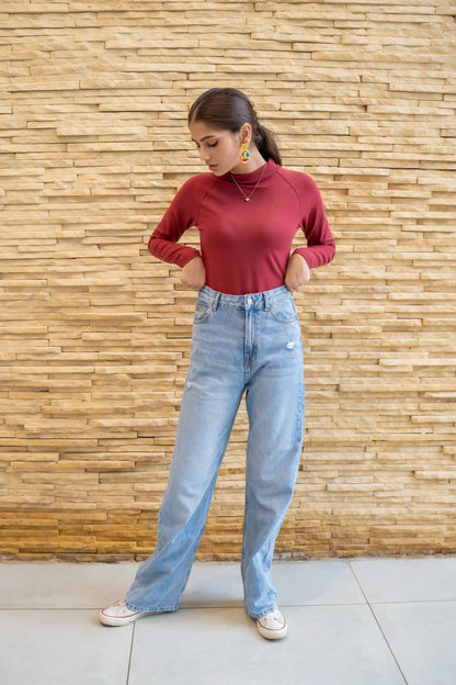 Dhaga maroon mock-neck long-sleeve top, relaxed fit