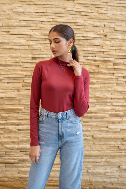 Dhaga maroon mock-neck long-sleeve top, straight hem