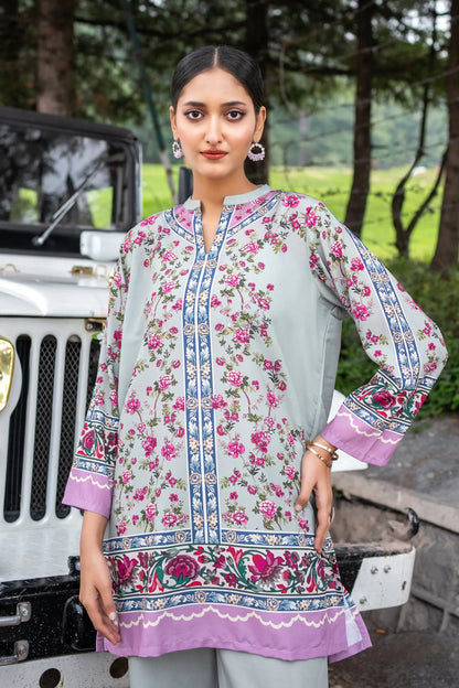 Floral long tunic kurta with purple trim and decorative hem, front view