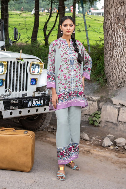 Floral long tunic kurta with purple trim and matching light blue pants