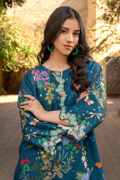 Teal floral kurta tunic with round neckline, button placket, and scalloped embroidery
