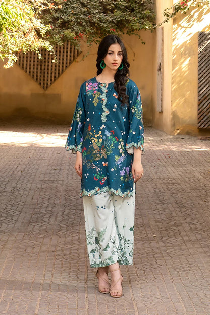 Teal floral kurta tunic with scalloped embroidered hem; white printed pants
