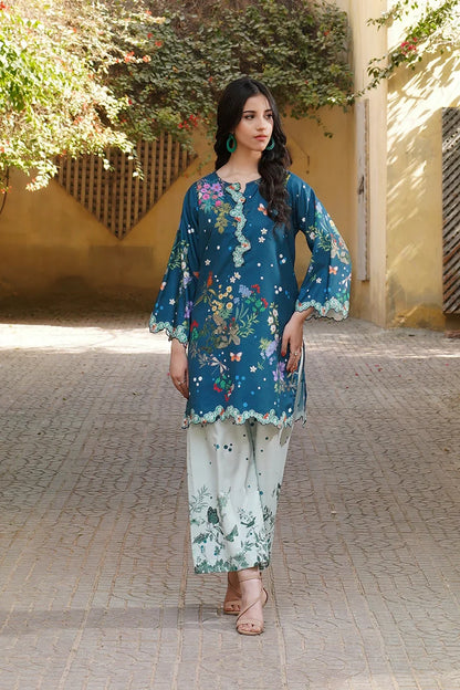 Teal floral kurta tunic with scalloped hem and embroidered border; white printed pants