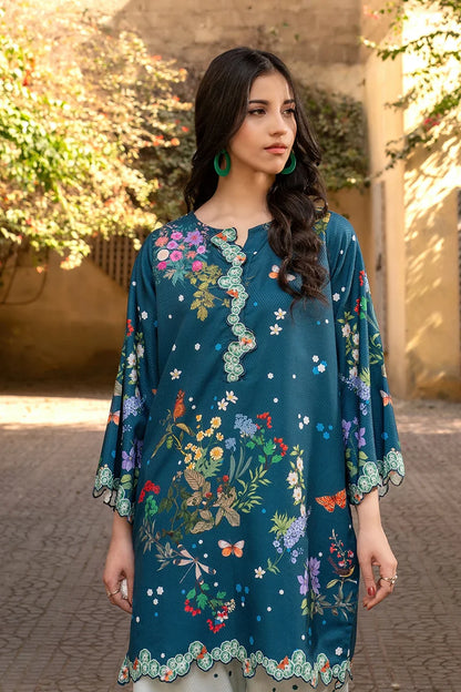 Teal floral kurta tunic with 3/4 sleeves and scalloped lace-trim hem