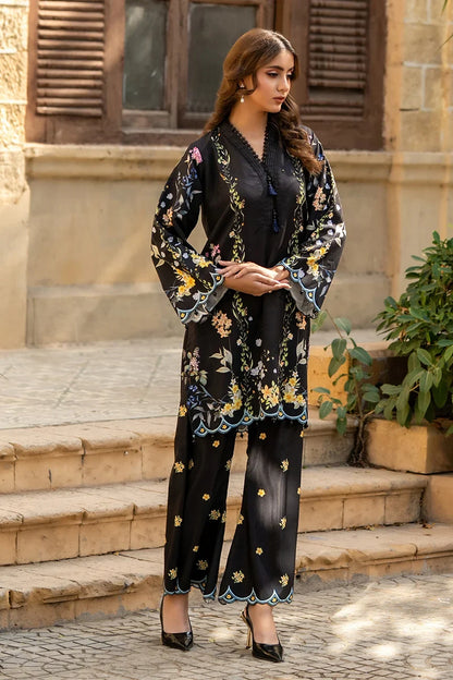 Dhaga black floral kurta and wide-leg pants set with lace-like blue trim