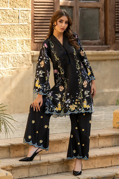 Dhaga black floral embroidered kurta with scalloped trim and matching wide-leg pants
