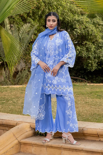 Light blue embroidered long kurta set with sheer dupatta and wide-leg pants