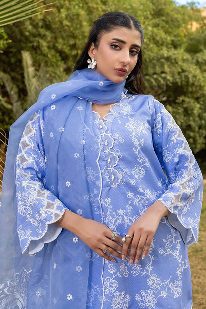 Blue embroidered kurta with sheer dupatta, scalloped lace trim and floral motifs