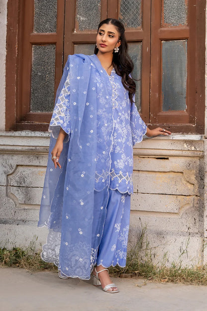 Light blue embroidered kurta set with sheer dupatta and wide-leg pants, front view