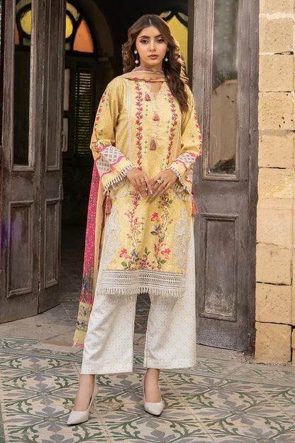 Floral embroidered yellow kurta with white printed pants and sheer pink dupatta
