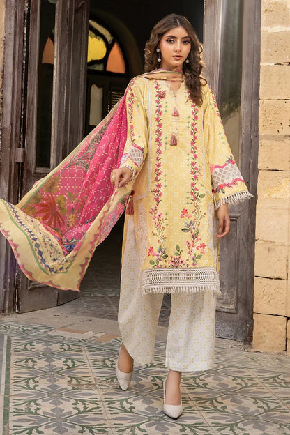 Floral yellow long kurta with white printed straight pants and pink patterned dupatta
