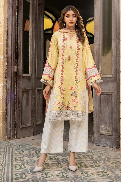 Floral embroidered yellow kurta with lace-trim sleeves and white printed wide pants