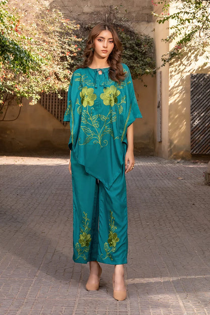 Dhaga teal floral printed tunic with draped hem and wide-leg pants set