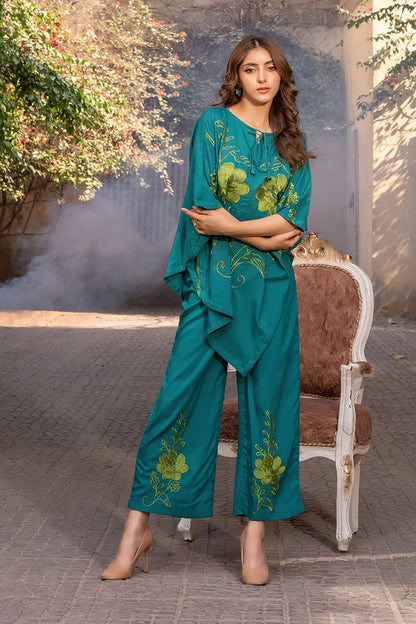 Teal floral printed tunic and matching wide-leg pants, draped detail