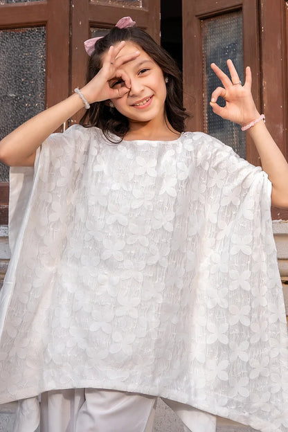 Girls' white embroidered mesh tunic with floral pattern, wide loose sleeves