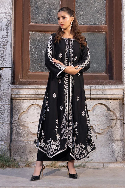 Black long dress with white floral embroidery panel and embroidered neckline