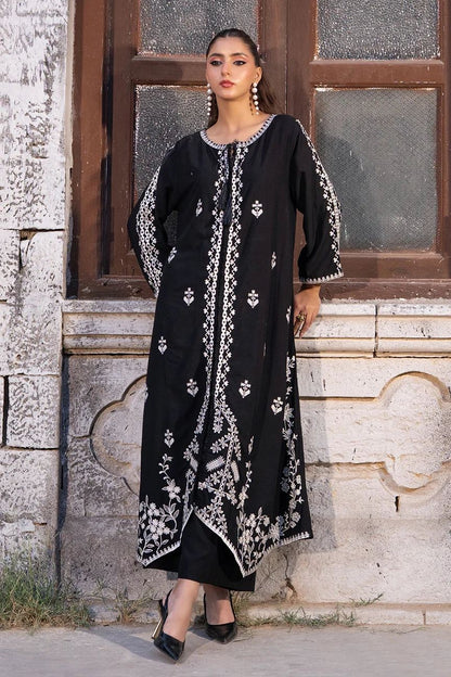 Black long dress with white floral embroidery and scalloped hem border