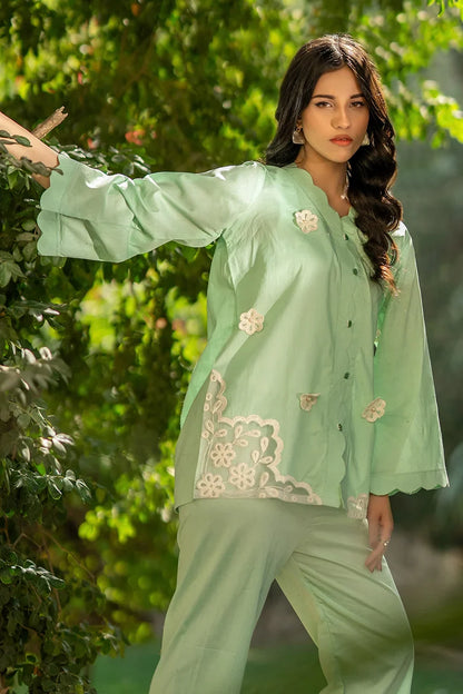 Mint green embroidered kurta set with button-front detail and scalloped sleeves