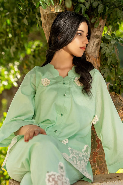 Mint green embroidered button-front kurta with matching pants and floral hemwork