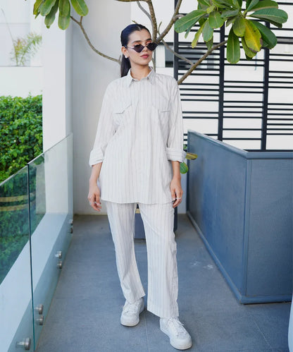 Light striped tunic-style button-front shirt and matching wide-leg trousers