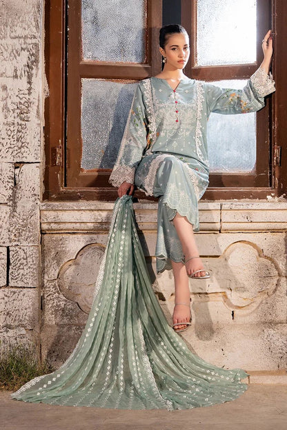Dhaga mint green embroidered kurta with lace hem and draped dupatta, full length