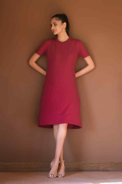 Maroon crew-neck short-sleeve mini dress, A-line silhouette