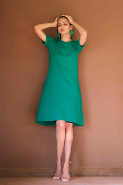 Green short-sleeve midi dress with round neckline and simple straight silhouette.