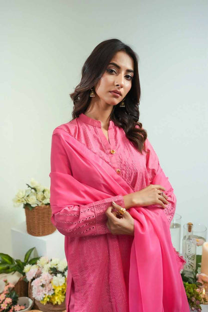 Pink embroidered tunic with stand collar and button front detail, long sleeves.