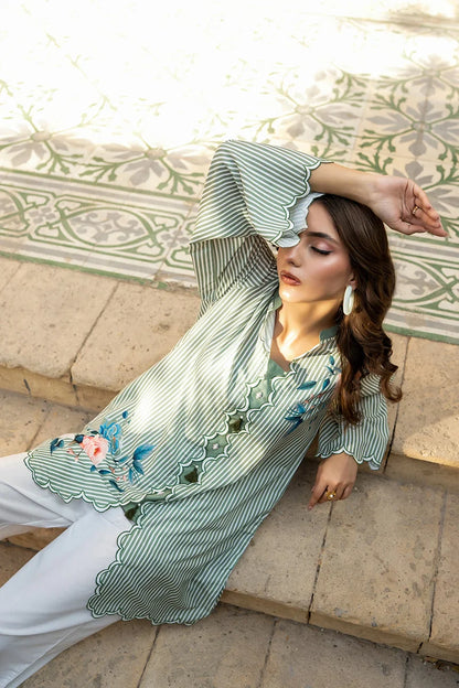Mint green striped long kurta with blue floral embroidery, scalloped cuffs and hem
