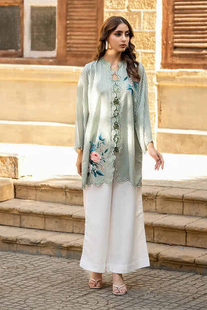 Mint green striped kurta with scalloped edges and blue floral embroidery over white pants