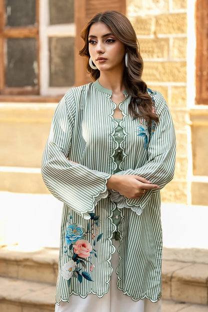 Mint green striped kurta with scalloped neckline and blue floral embroidery detail