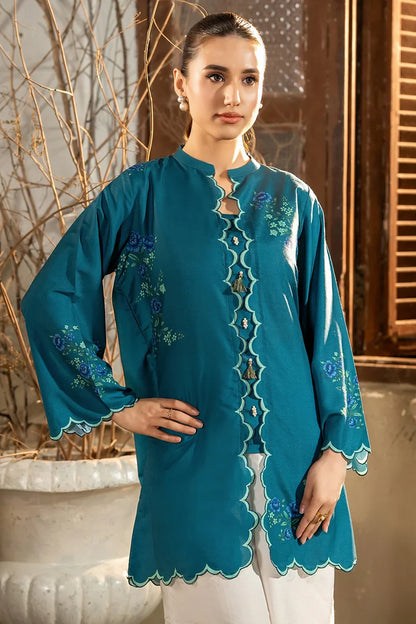 Teal long kurta with ornate center embroidery and floral cuffs, with white pants