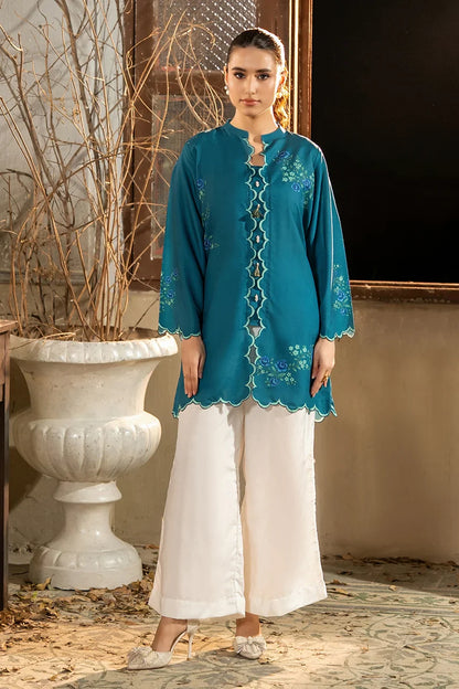 Teal embroidered kurta with scalloped trim and side cuffs, paired with white pants