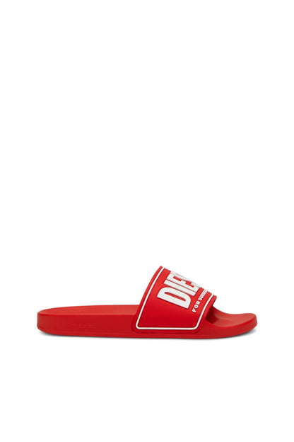 Red Diesel slide sandals with wide strap and white DIESEL logo