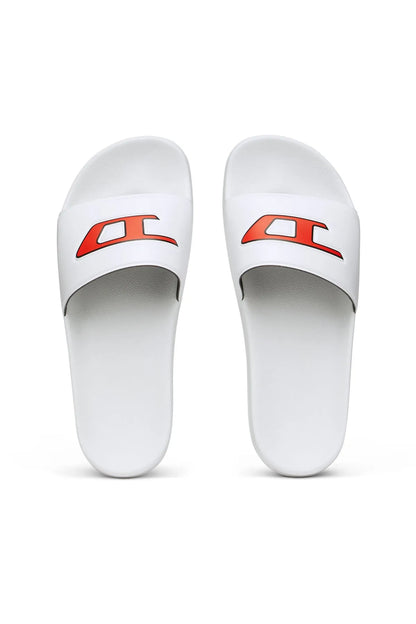 White slide sandals, front view of open-toe slides with orange logo