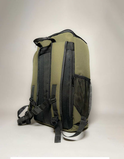 Olive mini backpack with padded back straps and two vertical mesh panels