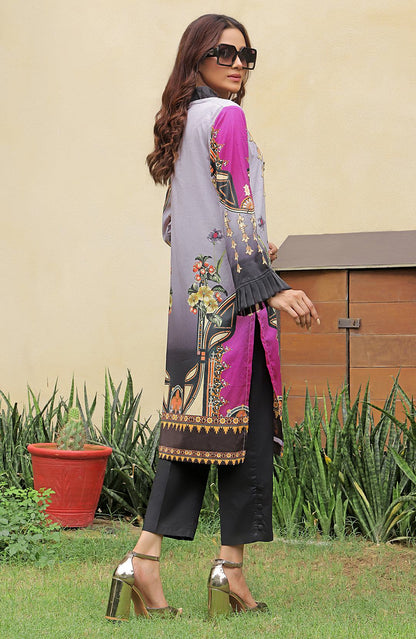 Women's printed tunic top in purple with floral motifs and ornate panel, long sleeves