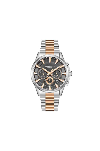 Lee Cooper watch, black dial, silver bracelet with rose-gold center strip, chronograph