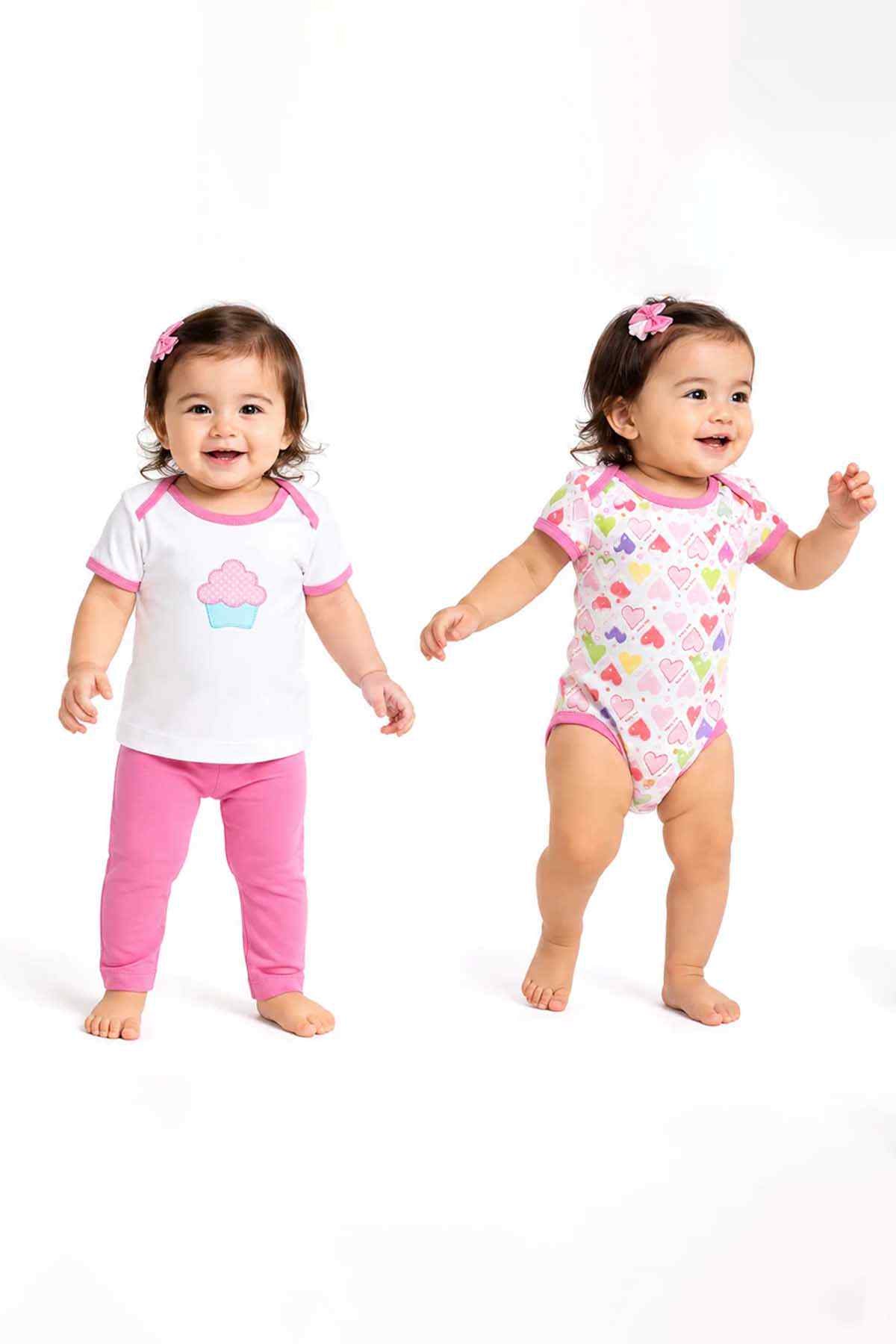 Pink baby outfit set: cloud top with leggings; heart-print romper with hat