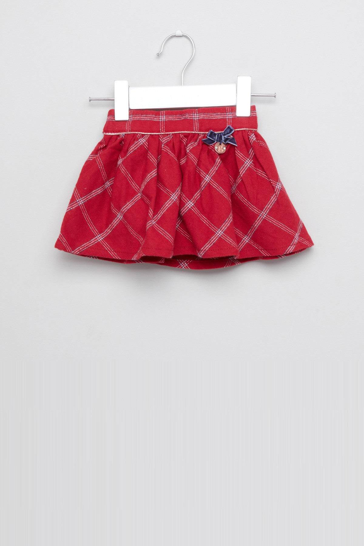 Red plaid baby skirt with bow detail and gathered waistband