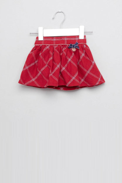 Red plaid baby skirt with bow detail and gathered waistband