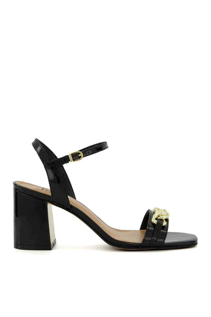 Dune London black heeled sandals with wide strap and gold logo buckle
